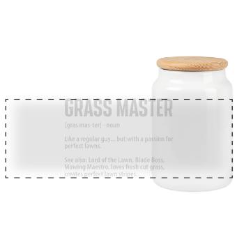 Definition von „Grass Master“ – Lustiger Rasenmäher-Papa - Panorama Keksdose mit Holzdeckel - Weiß - Vorne