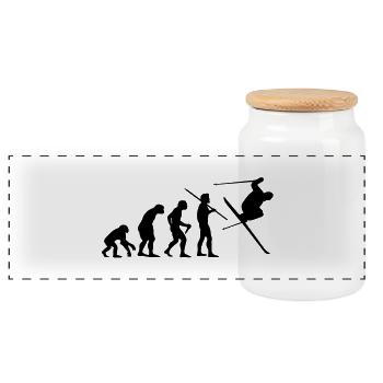 Evolution of Man - Skier #1 - Panoramic Cookie Jar with Wooden Lid - white - Front
