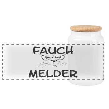 "Fauch Melder" Katze grau - Panorama Keksdose mit Holzdeckel - Weiß - Vorne