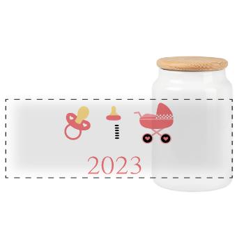 Baby 2023 Birth Girl Template Customizable - Panoramic Cookie Jar with Wooden Lid - white - Front