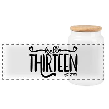 13th Birthday Girls 13 Hello Thirteen Est. 2010 - Panoramic Cookie Jar with Wooden Lid - white - Front