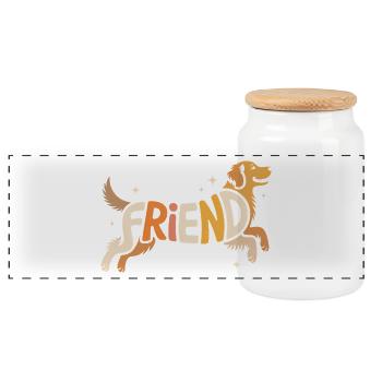 Friend Dog - Cool Pet Logo - Panoramic Cookie Jar with Wooden Lid - white - Front