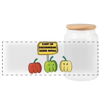 STOPPT die Diskrimierung grüner Paprika - Panorama Keksdose mit Holzdeckel - Weiß - Vorne