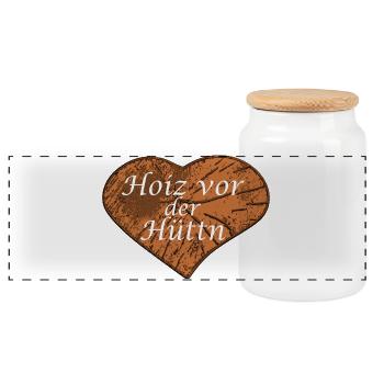 Hoiz Holz vor der Hütte, Geschenk, Spruch - Panorama Keksdose mit Holzdeckel - Weiß - Vorne