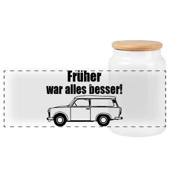  , Trabi , DDR Kult , früher besser (25) - Panorama Keksdose mit Holzdeckel - Weiß - Vorne