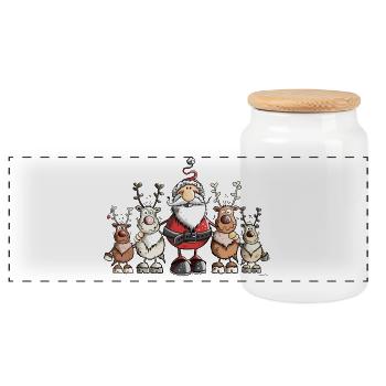 Weihnachtsmann unter Rentieren - Panorama Keksdose mit Holzdeckel - Weiß - Vorne