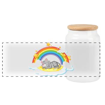 Dreaming Cat on Rainbow Cloud - Panoramic Cookie Jar with Wooden Lid - white - Front