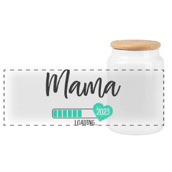 Mom Loading 2023 Heart Young Mom-to-be - Panoramic Cookie Jar with Wooden Lid - white - Front