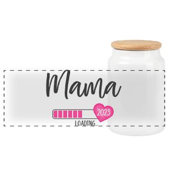 Mama Loading 2023 Heart Girl Pink Expectant Mom - Panoramic Cookie Jar with Wooden Lid - white - Front