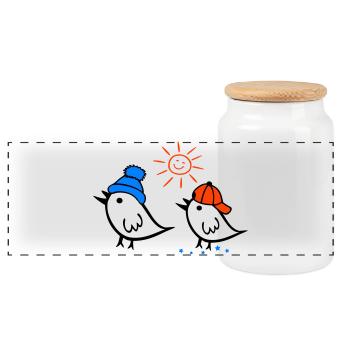 Sparrow, Sun, Spring - Panoramic Cookie Jar with Wooden Lid - white - Front
