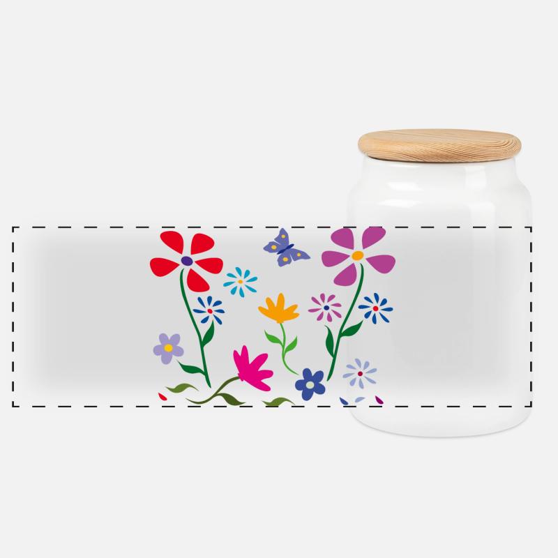 Blumenwiese, Garten, Schmetterling - Panorama Keksdose mit Holzdeckel - Weiß