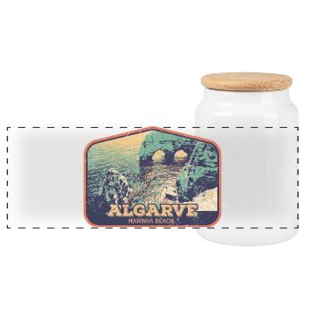 Retro-Abzeichen, Algarve Portugal, Strand Sommersonne - Panorama Keksdose mit Holzdeckel - Weiß - Vorne
