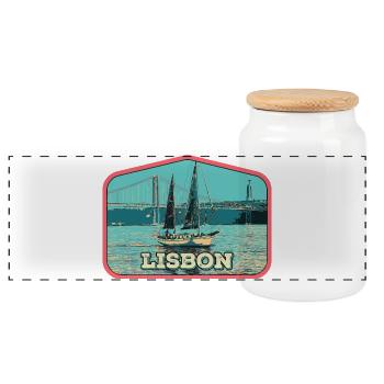 Lisbon Portugal, boat on the Tagus River - Panoramic Cookie Jar with Wooden Lid - white - Front