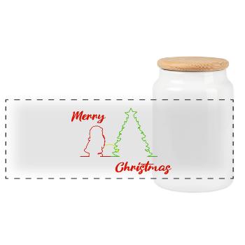 Santa peeing, Merry Christmas, Weihnachten, bunt - Panorama Keksdose mit Holzdeckel - Weiß - Vorne
