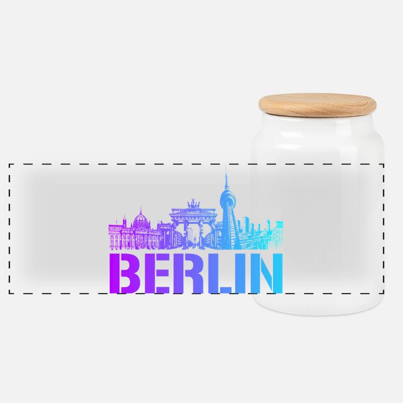 Berlin Skyline mit Berliner Wahrzeichen - Panorama Keksdose mit Holzdeckel - Weiß