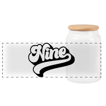 Nine 9th Birthday Kids Boys Girls 9 Years Old - Panoramic Cookie Jar with Wooden Lid - white - Front