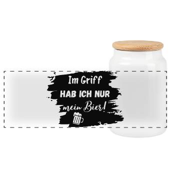 Im Griff hab ich nur mein Bier! - Panorama Keksdose mit Holzdeckel - Weiß - Vorne