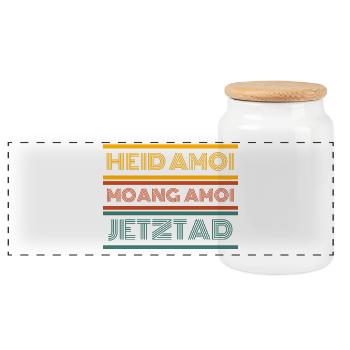 heid amoi moang amoi jetztad - heute morgen jetzt - Panorama Keksdose mit Holzdeckel - Weiß - Vorne