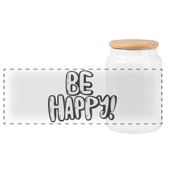 Motif typographique Be Happy - Boîte à biscuits avec couvercle en bois - blanc - Devant