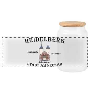 Heidelberg Bridge Gate, drawing, Germany - Panoramic Cookie Jar with Wooden Lid - white - Front