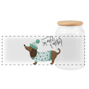 Dackel mit Pullover und Mütze - Sweater Weather - Panorama Keksdose mit Holzdeckel - Weiß - Vorne