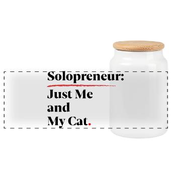Solopreneur: Just Me and My Cat [Black] - Panoramic Cookie Jar with Wooden Lid - white - Front