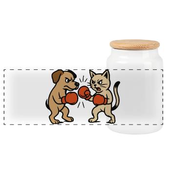 Combat d’animaux de compagnie Chat Chien Boxe Duel - Boîte à biscuits avec couvercle en bois - blanc - Devant