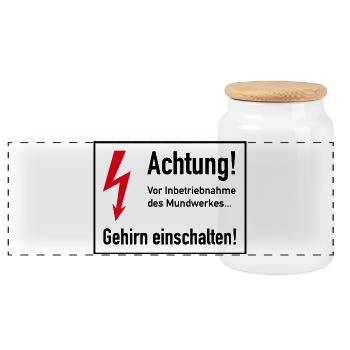 Vor Inbetriebnahme des Mundwerks - Gehirn einsch - Panorama Keksdose mit Holzdeckel - Weiß - Vorne