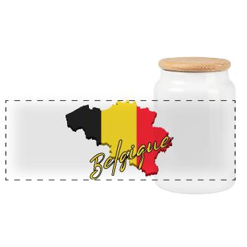 Karte von Belgien, Flagge Belgiens - Panorama Keksdose mit Holzdeckel - Weiß - Vorne