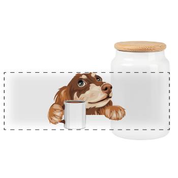 Teckel rêveur jetant un coup d’œil avec une tasse - Boîte à biscuits avec couvercle en bois - blanc - Devant