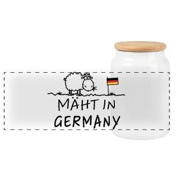 Mäht in Germany – Lustiger Schaf Spruch - Panorama Keksdose mit Holzdeckel - Weiß - Vorne