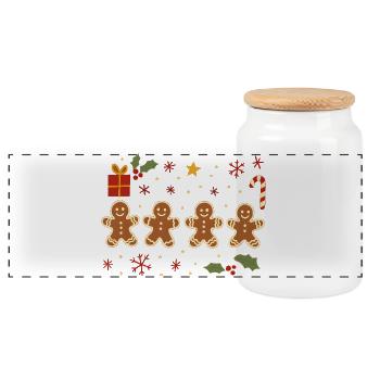 Gingerbread Holiday Cheer, Xmas  - Panoramic Cookie Jar with Wooden Lid - white - Front