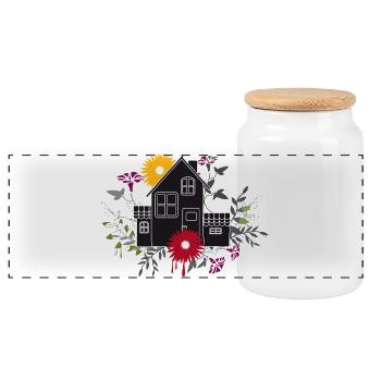 Modernes Haus mit Blumen – Stilvolles Design - Panorama Keksdose mit Holzdeckel - Weiß - Vorne