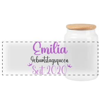 Emilia Geburtstagsqueen Seit 2020 Geburtstag - Panorama Keksdose mit Holzdeckel - Weiß - Vorne