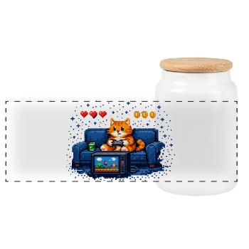 Zocken Katze – PC Gamer Humor - Panorama Keksdose mit Holzdeckel - Weiß - Vorne