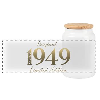 77. Geburtstag Original Januar Jahrgang 1949 - Panorama Keksdose mit Holzdeckel - Weiß - Vorne