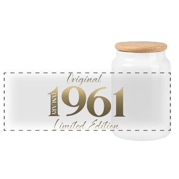 65th Birthday Original January 1961 - Panoramic Cookie Jar with Wooden Lid - white - Front