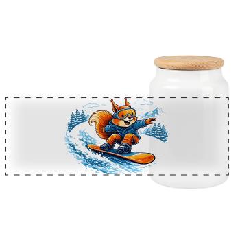 Lustiges Snowboard Eichhörnchen – Winter Fun - Panorama Keksdose mit Holzdeckel - Weiß - Vorne