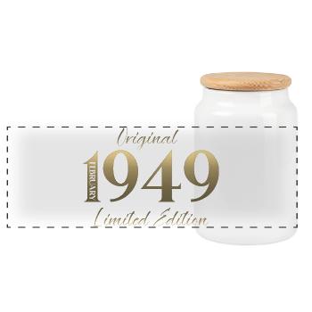 77th Birthday February 1949 Vintage Vintage - Panoramic Cookie Jar with Wooden Lid - white - Front