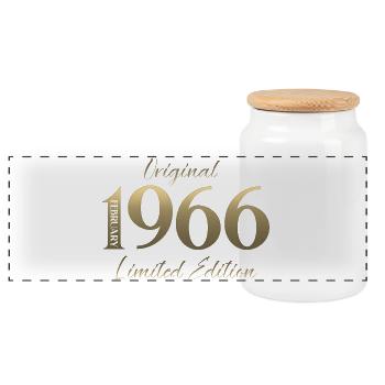 60. Geburtstag Februar 1966 Vintage Jahrgang - Panorama Keksdose mit Holzdeckel - Weiß - Vorne