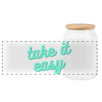 Take it easy – Entspannter Lifestyle Spruch - Panorama Keksdose mit Holzdeckel - Weiß - Vorne