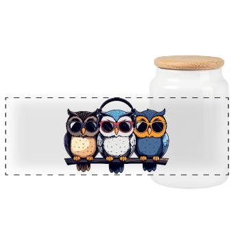 Three Cool Owls Trio With Sunglasses Headphones - Panoramic Cookie Jar with Wooden Lid - white - Front
