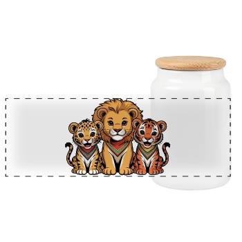 Cute Lion Tiger Leopard Friends - Panoramic Cookie Jar with Wooden Lid - white - Front