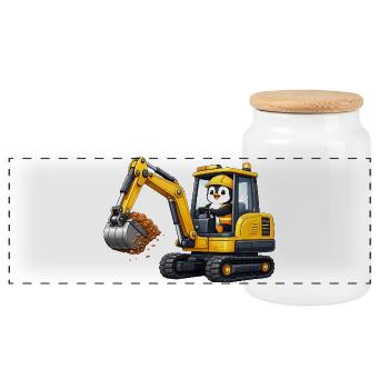 Cute Penguin Excavator Driver Construction Worker Cartoon - Panoramic Cookie Jar with Wooden Lid - white - Front