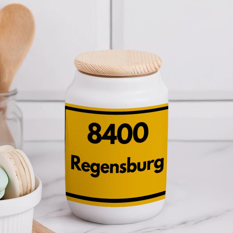 OLD POSTCODE ZIP CODE RETRO 8400 REGENSBURG Panoramic Cookie Jar with Wooden Lid