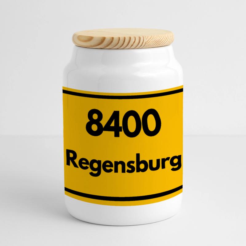 OLD POSTCODE ZIP CODE RETRO 8400 REGENSBURG Panoramic Cookie Jar with Wooden Lid