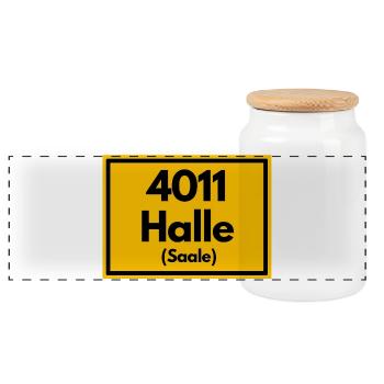 OLD POSTCODE POSTCODE RETRO 4011 HALLE (SAAALE) - Panoramic Cookie Jar with Wooden Lid - white - Front