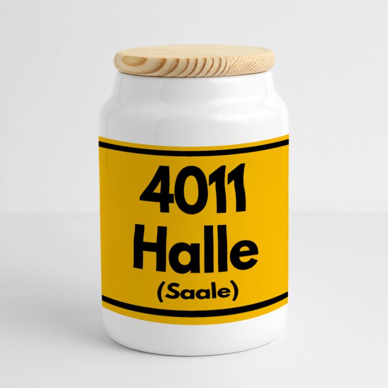 OLD POSTCODE POSTCODE RETRO 4011 HALLE (SAAALE) Panoramic Cookie Jar with Wooden Lid