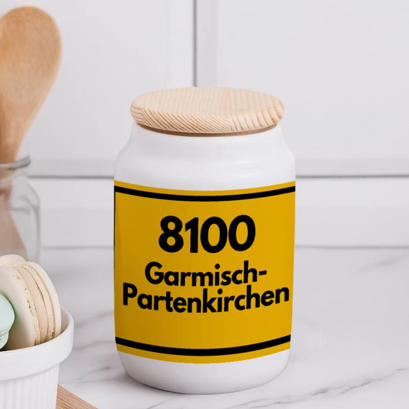 OLD POSTCODE POSTCODE 8100 GARMISCH-PARTENKIRCHEN Panoramic Cookie Jar with Wooden Lid