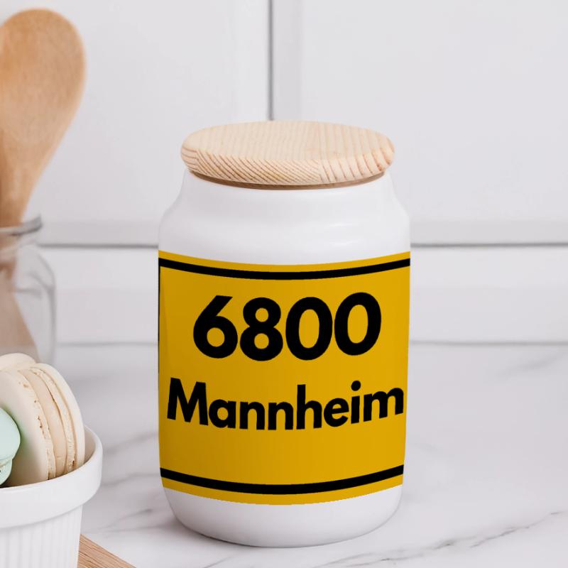 OLD POSTCODE POSTCODE RETRO 6800 MANNHEIM Squares Panoramic Cookie Jar with Wooden Lid